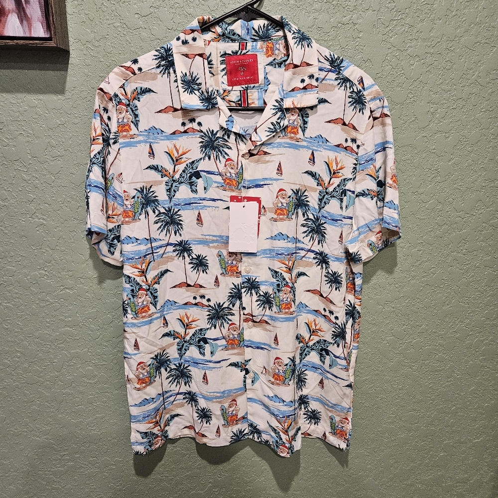 Mens Christmas Tropical Beach Santa Button Down Shirt from Denim & Flower Size M
